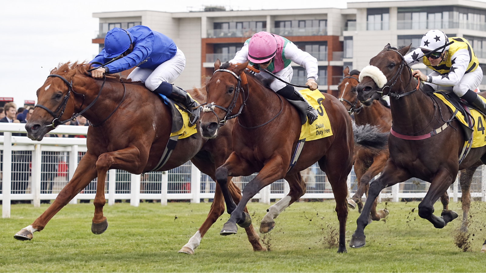Nabati leads home a tight finish in the Mill Reef Stakes at Newbury.