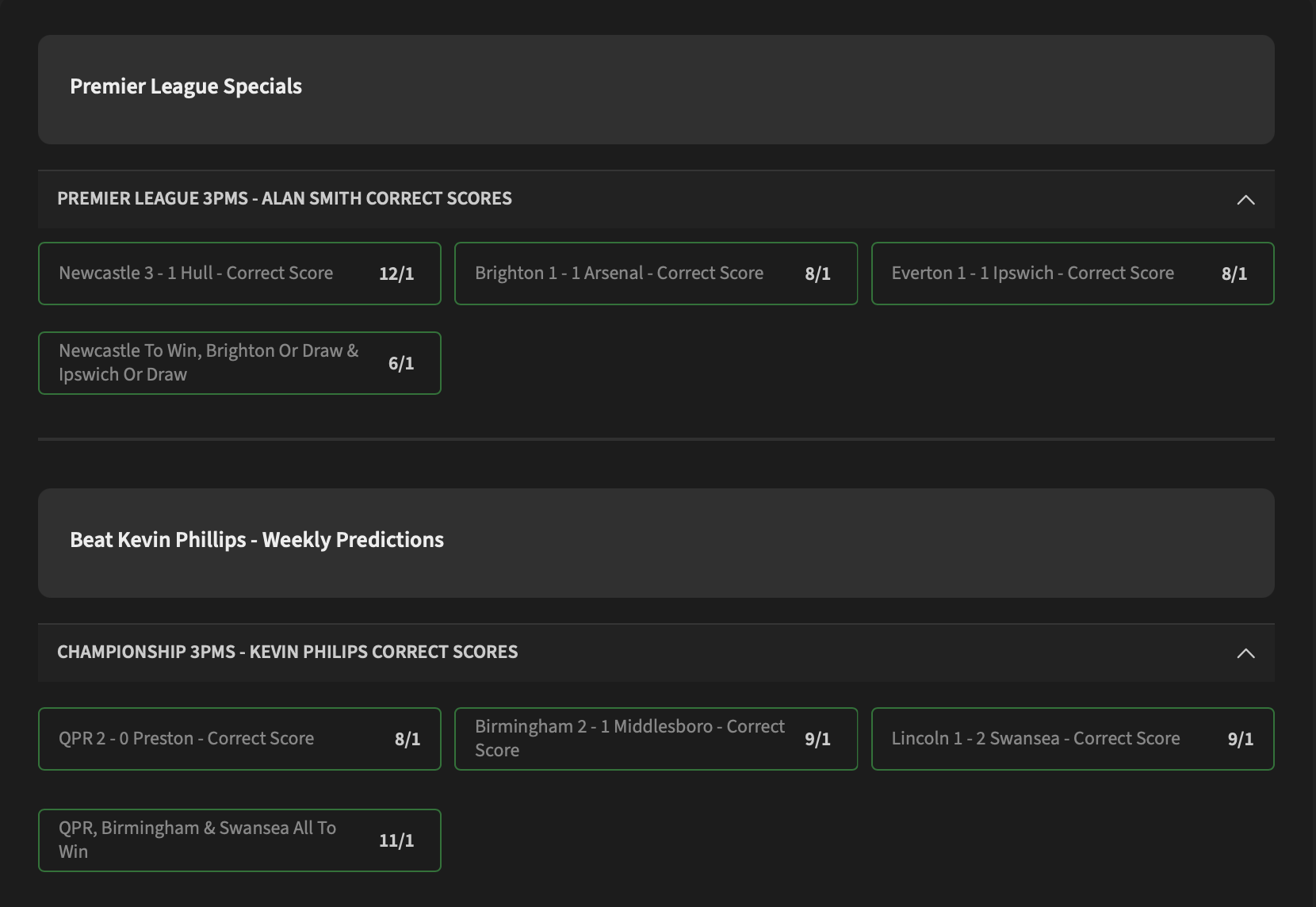 How the Alan Smith and Kevin Phillips correct score tips appear on QuinnBet