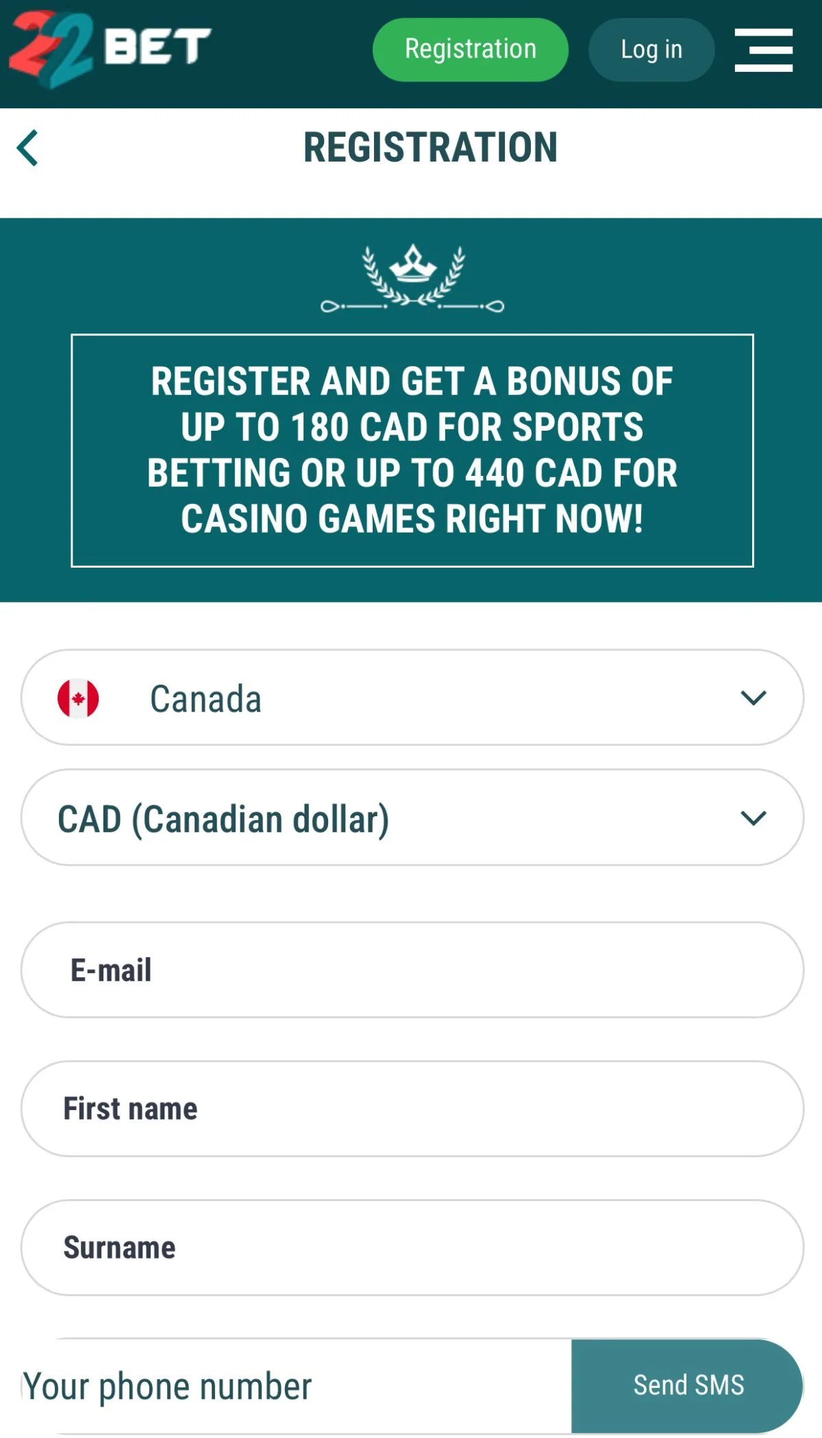 Mobile screenshot for 22Bet with name: 22Bet online registration